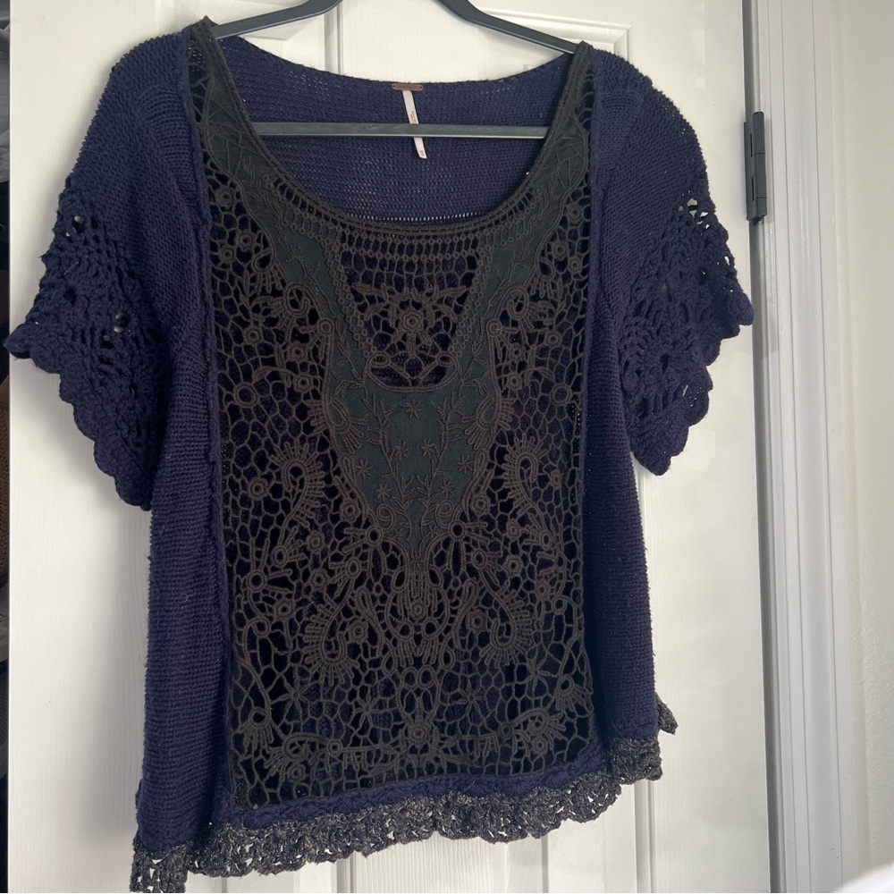Oversized Free People Crochet Short Sleeve Blouse Shirt Top Ruffle Black Blue XS - Picture 11 of 13